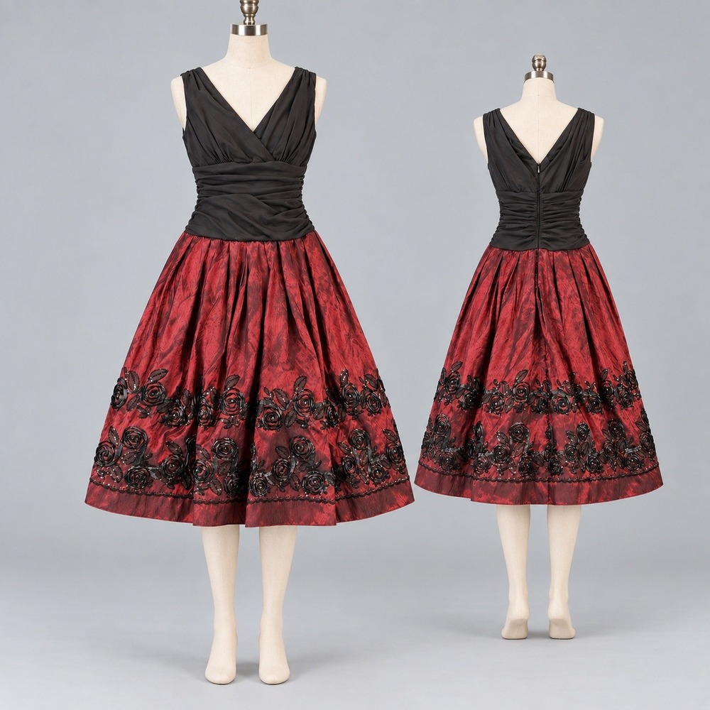 Black Burgundy 3D Rose Y2K Formal Gown S.L. Fashions 10 Sequin Ruched Maxi Dress